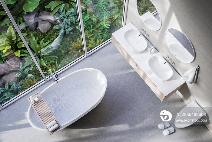 Top view of modern contemporary loft style bathroom with tropical style nature view 3d render,There are concrete tile floor and wall decorated with wooden sink counter and circle mirror