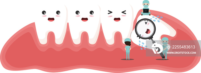 Tooth with magnifying glass. Wisdom tooth push other tooth. Dentistry clean white tooth and dentistry instruments.Oral hygiene, teeth cleaning.