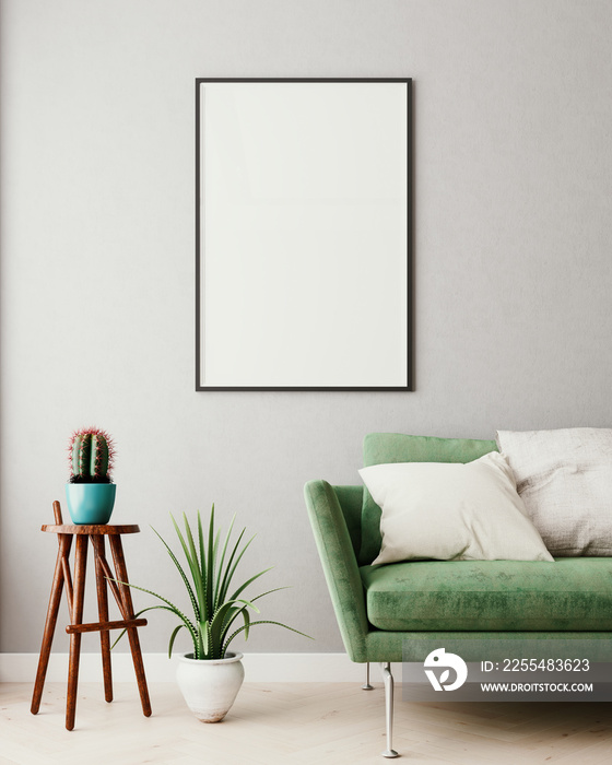 Vertical mock up poster frame in olive green modern interior background, living room, Scandinavian style, 3D render, 3D illustration