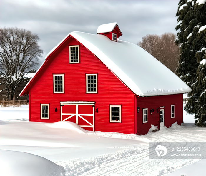 A red barn in the middle of a snowy field.