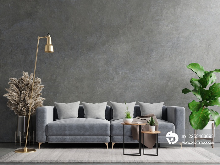 Sofa and a wooden table in living room interior with plant,concrete wall.