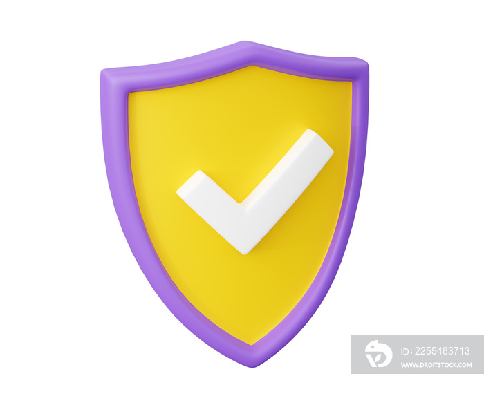 Shield with tick 3d render - security and safety concept with check mark on shield.