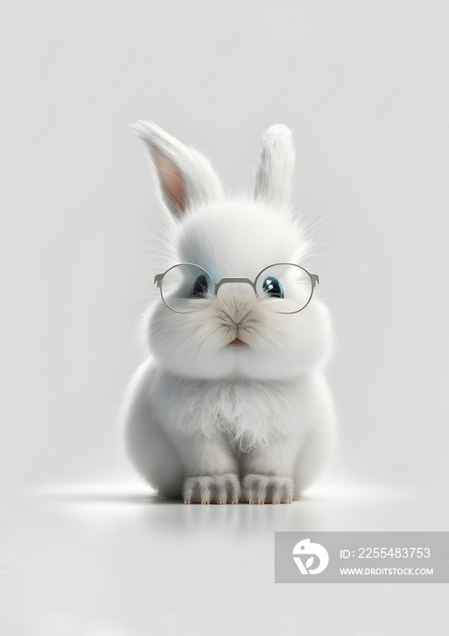 Ein junger, flaumiger Hase mit weißem Fell und Brille sitzt in einem hellen Fotostudio. Ein süßer Ostergruß mit ironischen Note …