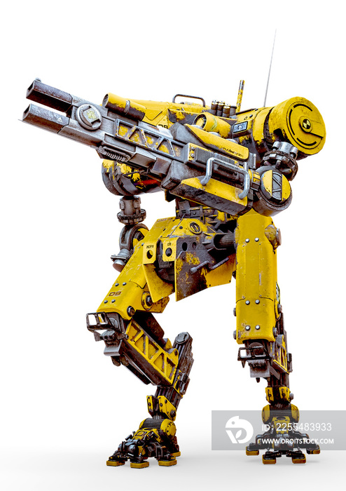 yellow combat mech load a gun in a white background