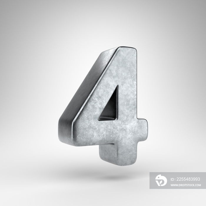 Number 4 on white background. Gun metal 3D rendered number with rough metal texture.