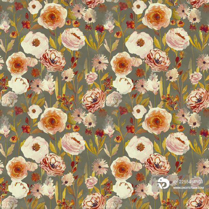 Cute feminine watercolor seamless pattern with wildflowers. Seamless pattern with colorful pattern of abstract flowers