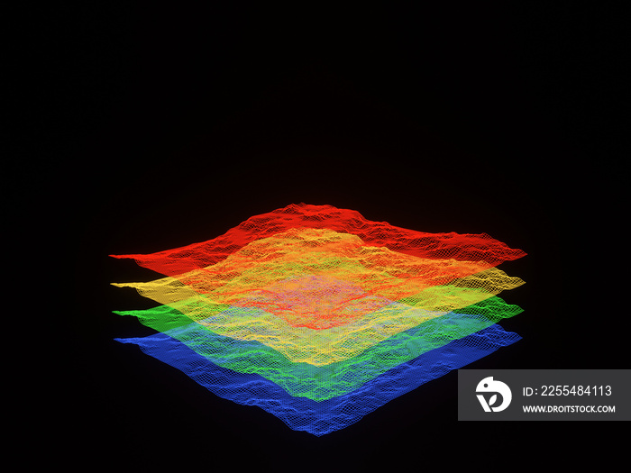 3D topographic mountain grid wireframe. Holographic terrain.