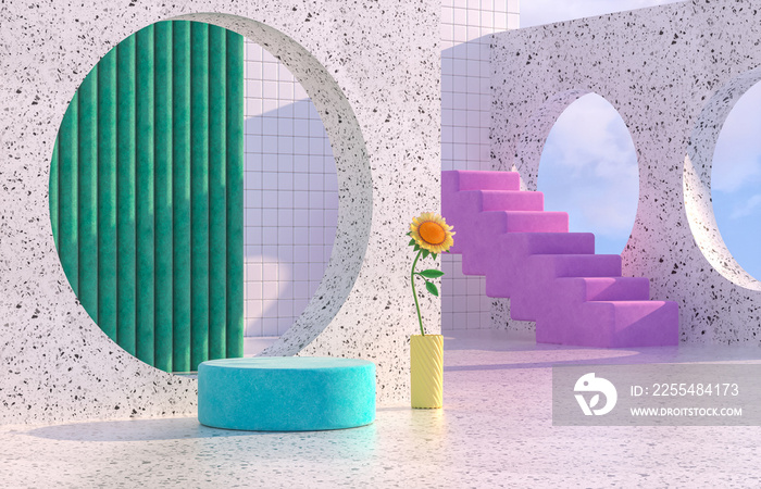 Beauty fashion podium backdrop with geometric shape and Spring flower. Terrazzo texture. 3d rendering scene.