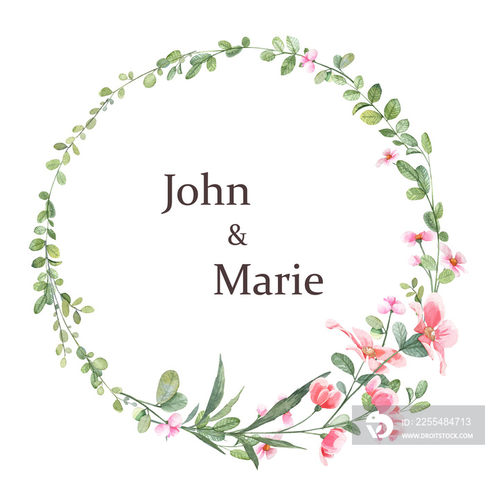 Floral wreath template with copy space in the middle. Wedding and greeting card template with realistic watercolor botany plants arranged into blooming wreath