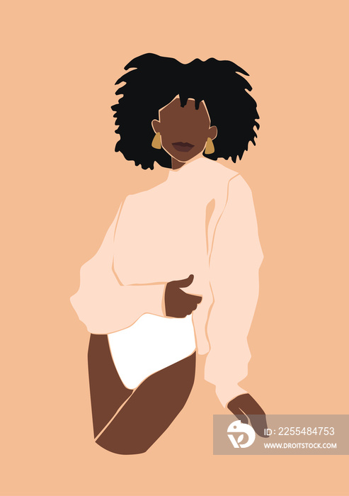 Black abstract afro woman portrait with stylish curly haircut wearing fashion clothes on the peachy isolated background. Trendy poster illustration.