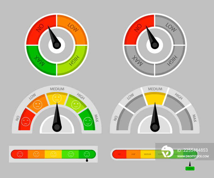 Productivity meter. Diagram of rating. Bar of meter with progress level from red to green . Concept graphic slider infographic. Measuring gauge indicator.  illustration