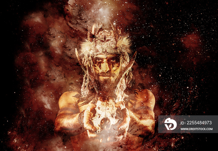 beautiful shamanic man with headband and deer skull on abstract structured space background.