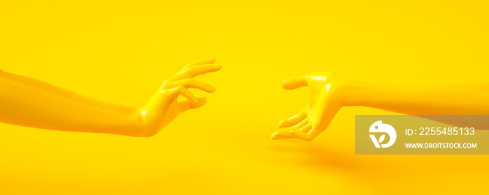 3d rendering illustration of yellow hands. Human body parts. Concept scene for graphic design projects. Shiny plastic glossy material. Horizontal orientation banner. Template for social media and web