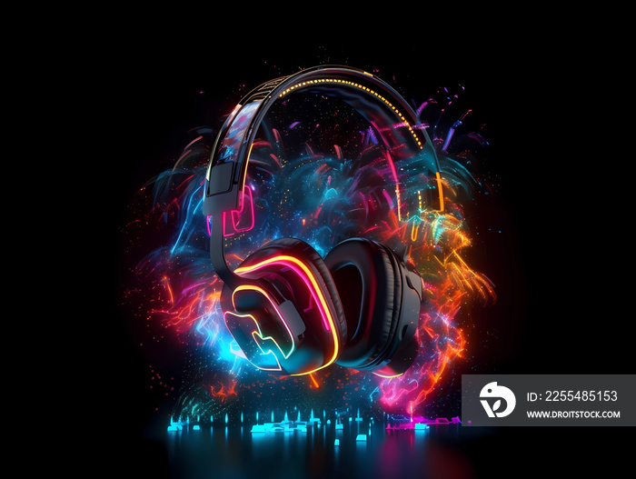 Neon glowing headphones electro house music cover album