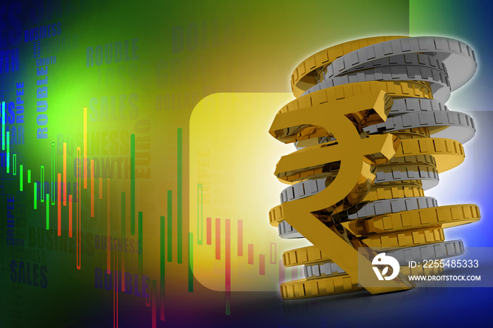 Rupee currency with gold coin.3D rendering illustration