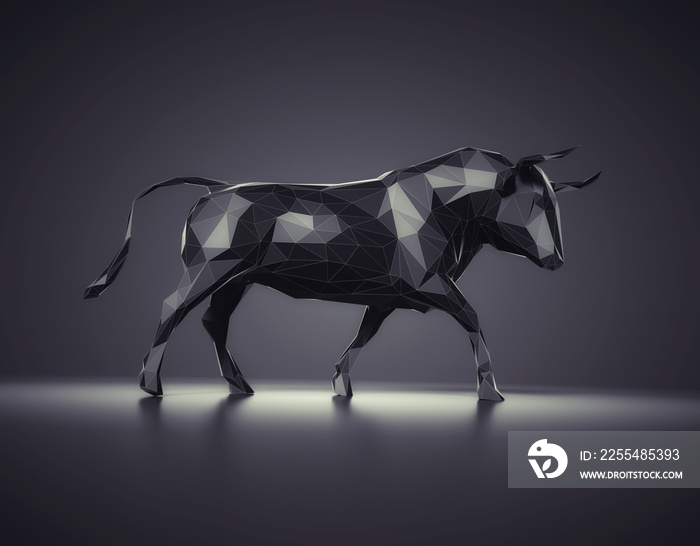 Bull made of polygons on studio background.