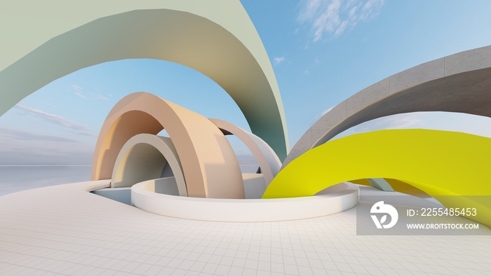 Abstract architecture background curved buildings alown road 3d render