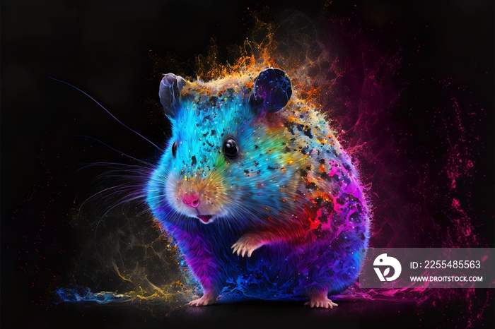 Painted animal with paint splash painting technique on colorful background hamster