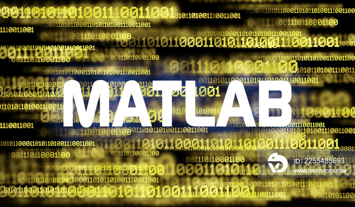 Word MATLAB and abstract cyberspace with binary code on dark background. Matlab programming language.