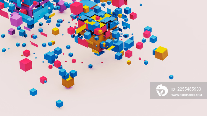 3D rendering illustration of a lot of cubes in different sizes and colors