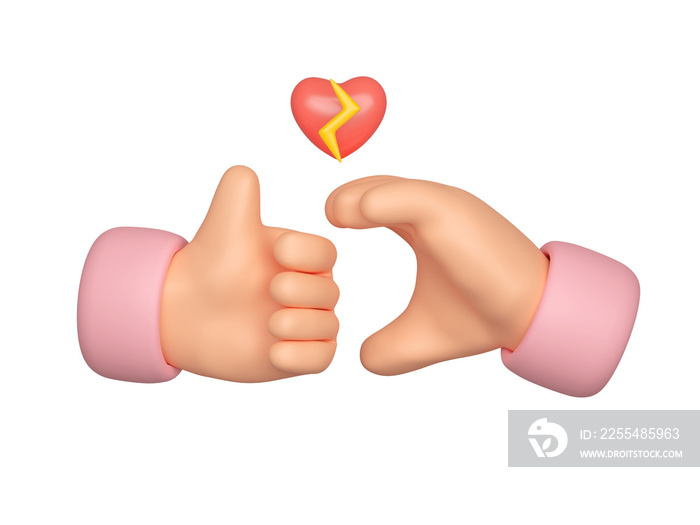 3d Cartoon hand with broken heart isolated on pink background with clipping path. 3d render illustration