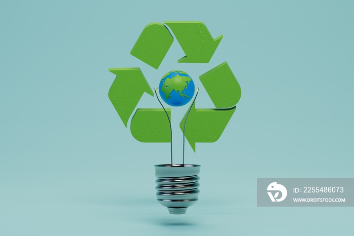 recycling of the planet’s resources. recycling icon around a light bulb with a planet on a blue background. 3D render