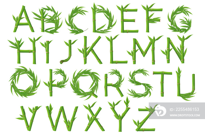 Bamboo letter alphabet. Green alphabetic eco font on white background