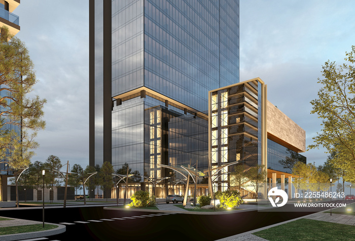 3d render business towers building view from street