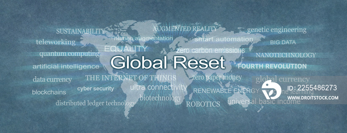 Words associated with the Global Reset - rustic mono blue flat map of planet earth surrounded by a GLOBAL RESET zooming  word cloud