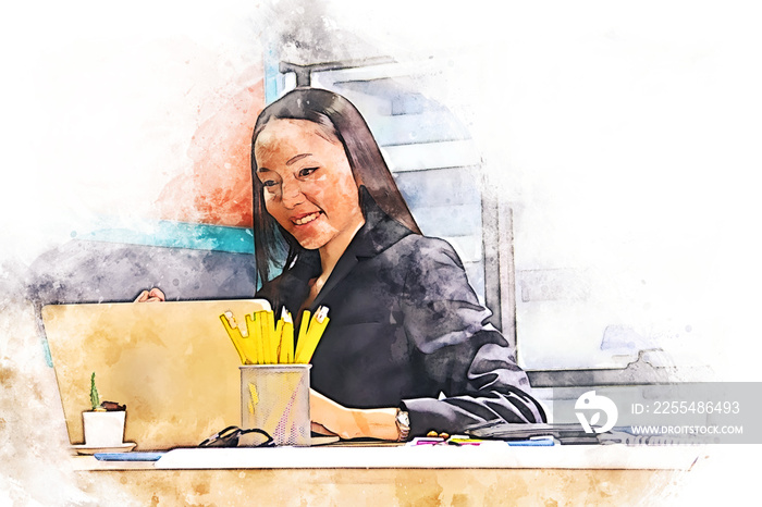 Abstract business woman working in the office on watercolor illustration painting background.