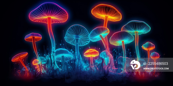 colorful psychedelic fluorescent neon magic mushrooms growing. .