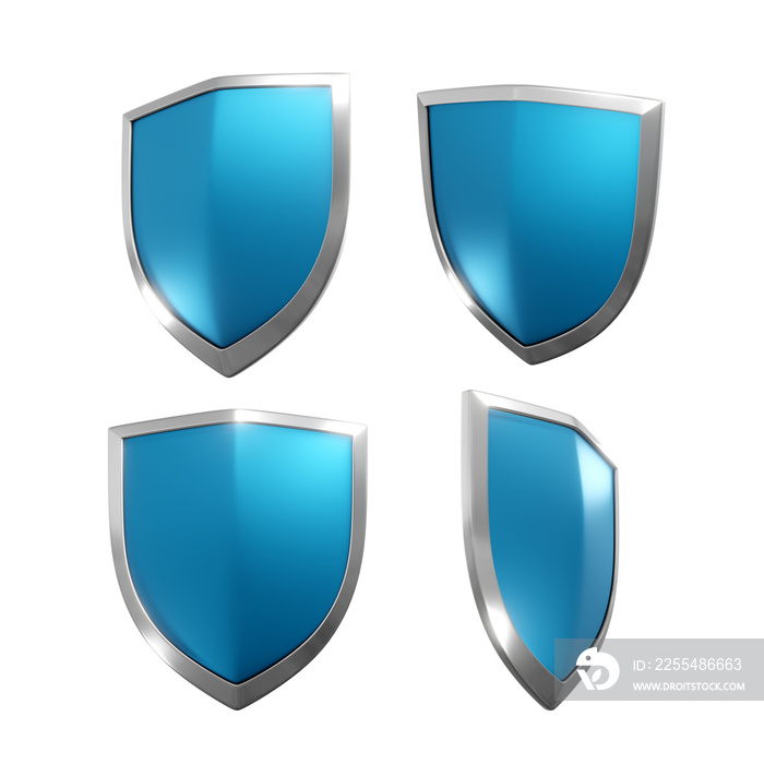 3d rendering of a shiny and glowing clean blue shield from multiple viewing angles