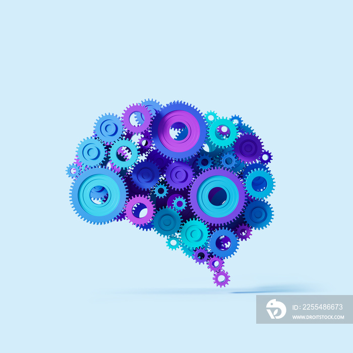 Brain with gears on light blue background