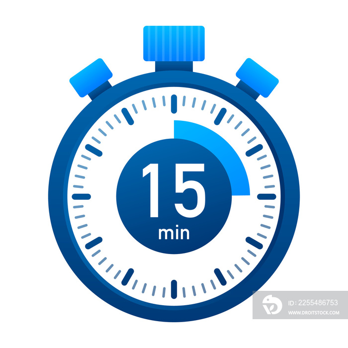 The 15 minutes, stopwatch  icon. Stopwatch icon in flat style, timer on on color background.  illustration.