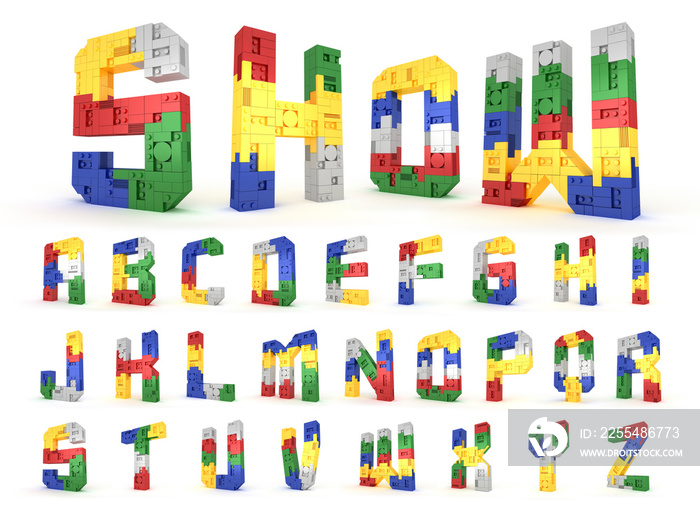 Colorful Alphabet block brick type Perspective font 3d Rendering on white background