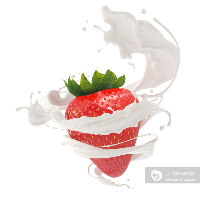 Fresh Strawberry with White Milk or Yogurt Cream, 3d rendering.