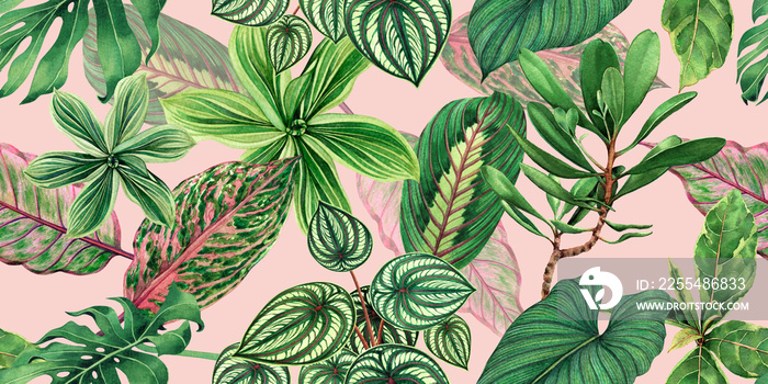 Watercolor painting colorful tropical palm leaf,green leaves seamless pattern background.Watercolor hand drawn illustration tropical exotic leaf prints for wallpaper,textile Hawaii aloha jungle style.