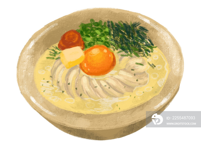 butter cream udon noodle soup egg yolk Japanese food illustration  hand drawing art