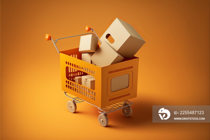 Shopping cart full of cardboard boxes, orange background. AI