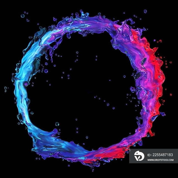 Colorful neon splash of ink paint fluid in a circular motion isolated in black background