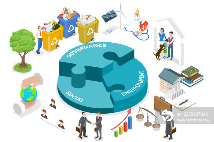 3D Isometric Flat  Conceptual Illustration of ESG - Environmental, Social and Governance