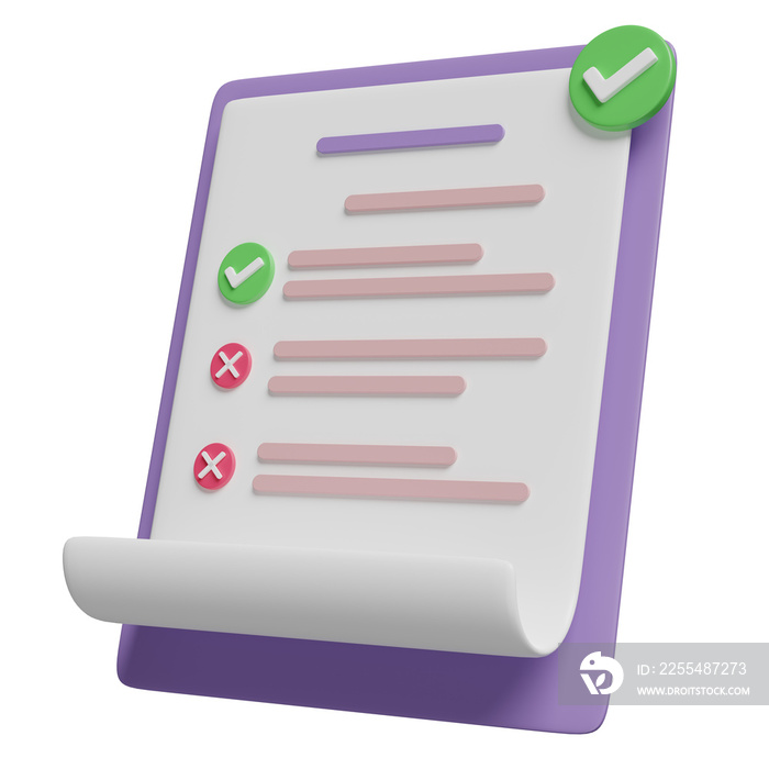 3d purple clipboard white checklist paper icon with check isolated. project plan, business strategy concept, 3d render illustration