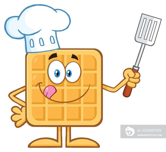 Chef Square Waffle Cartoon Mascot Character Holding A Slotted Spatula. Hand Drawn Illustration Isolated On Transparent Background