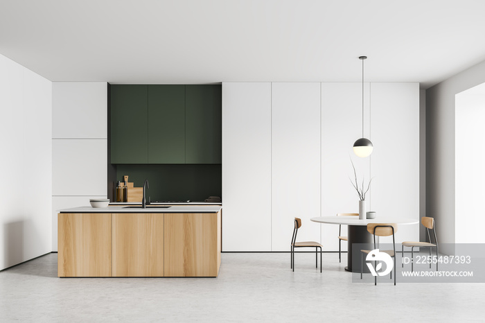 Minimalist kitchen interior with dining table and countertop, kitchenware