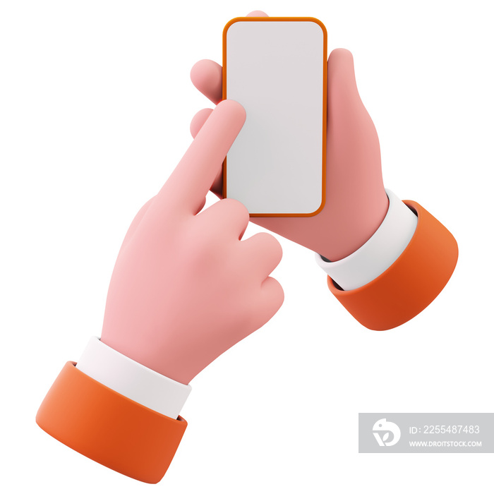 3D Hand holding mobile phone with empty screen for promotion and text. Concept of smartphone template or mock up with cartoon creative design icon style isolated. 3D Rendering