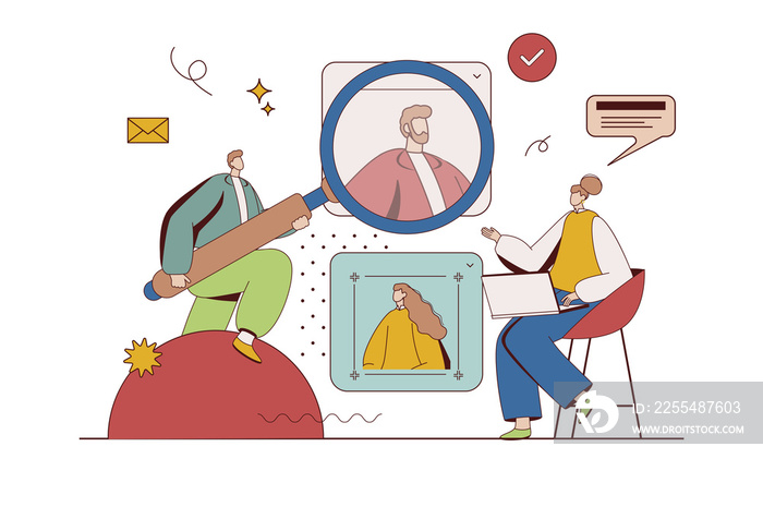 HR process concept with character situation in flat design. Man and woman work as hiring managers, choose best candidates and invite for job interview. Illustration with people scene for web