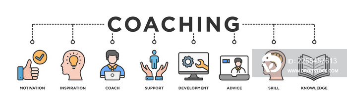 Coaching banner web icon for coaching and success, motivation, inspiration, teaching, coach, learning, knowledge, support and advice. Minimal vector infographic.