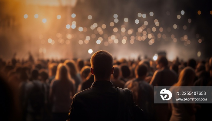 Close up on a Man in Leather Jacket on Rock Concert with Blurred Crowd Background