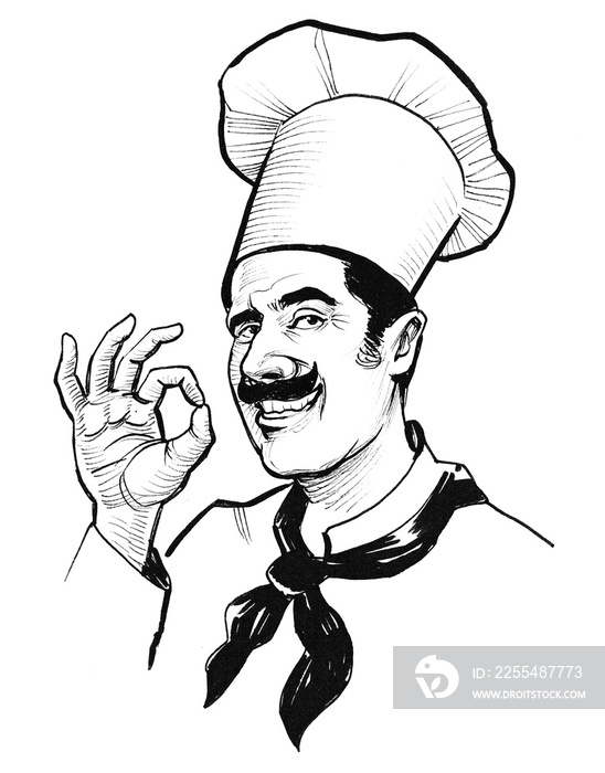 Chef character showing okay sign. Ink black and white drawing