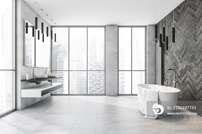 Light grey bathroom interior with white bathtub and sink with panoramic window